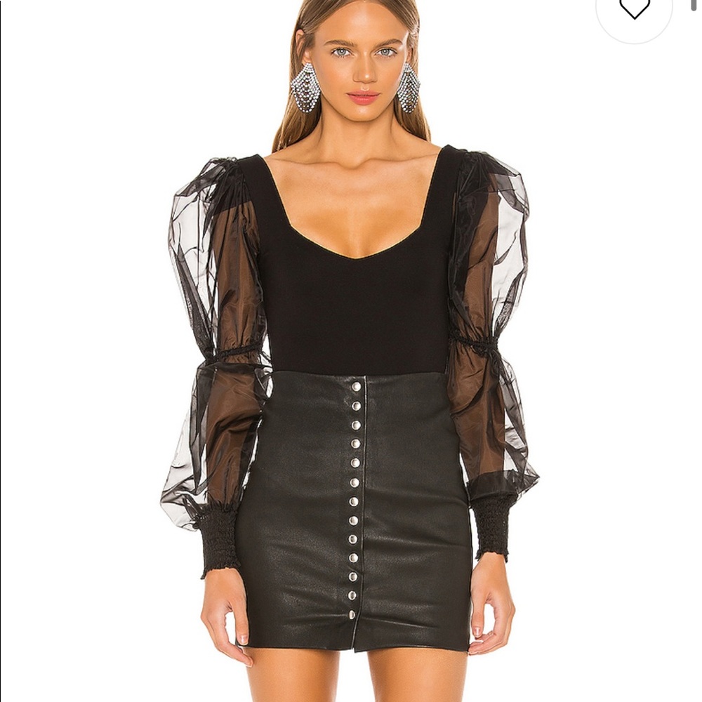 NBD Black Sheer Puff Sleeve Bodysuit with Scoop Neck